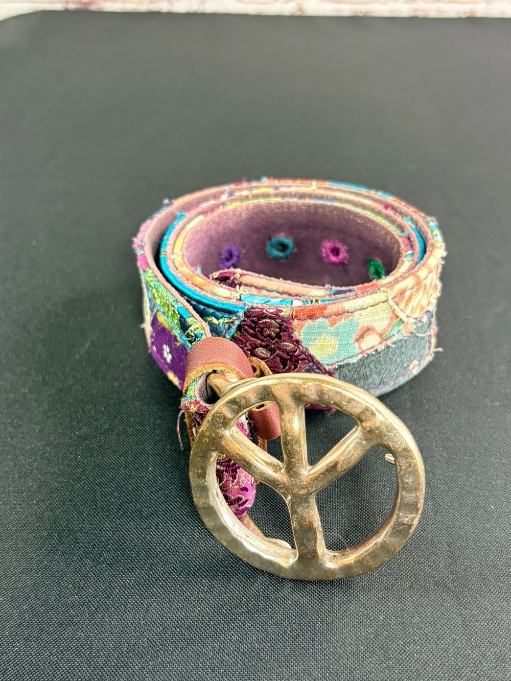 Lucky Brand Multicolor Patchwork Belt with Gold-Tone Peace Sign Buckle